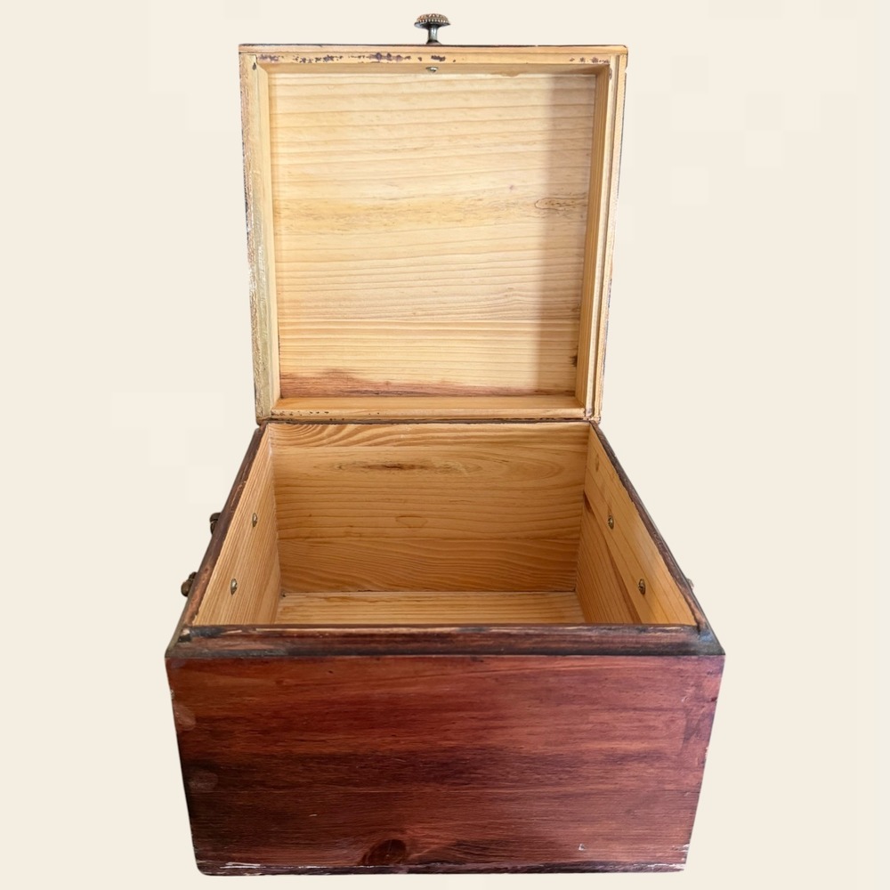 Vintage Rustic Wood Storage Box Hinged Lid Brass Handles Brown Square 9x9x6.75 - Picture 3 of 9